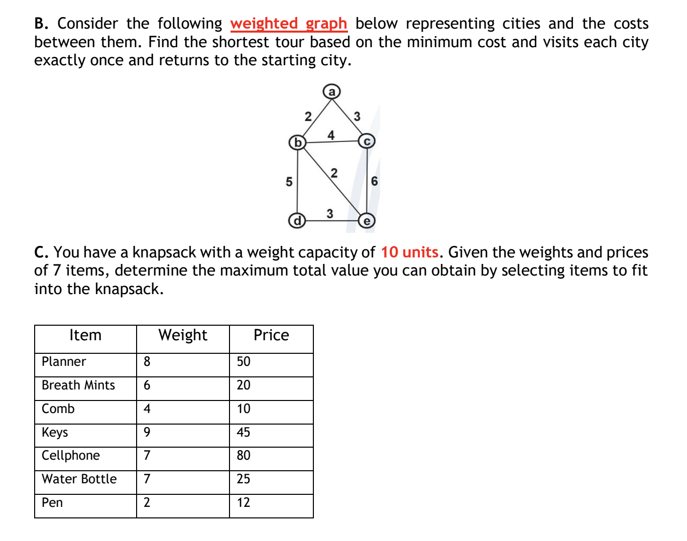 B . Consider the following weighted graph below