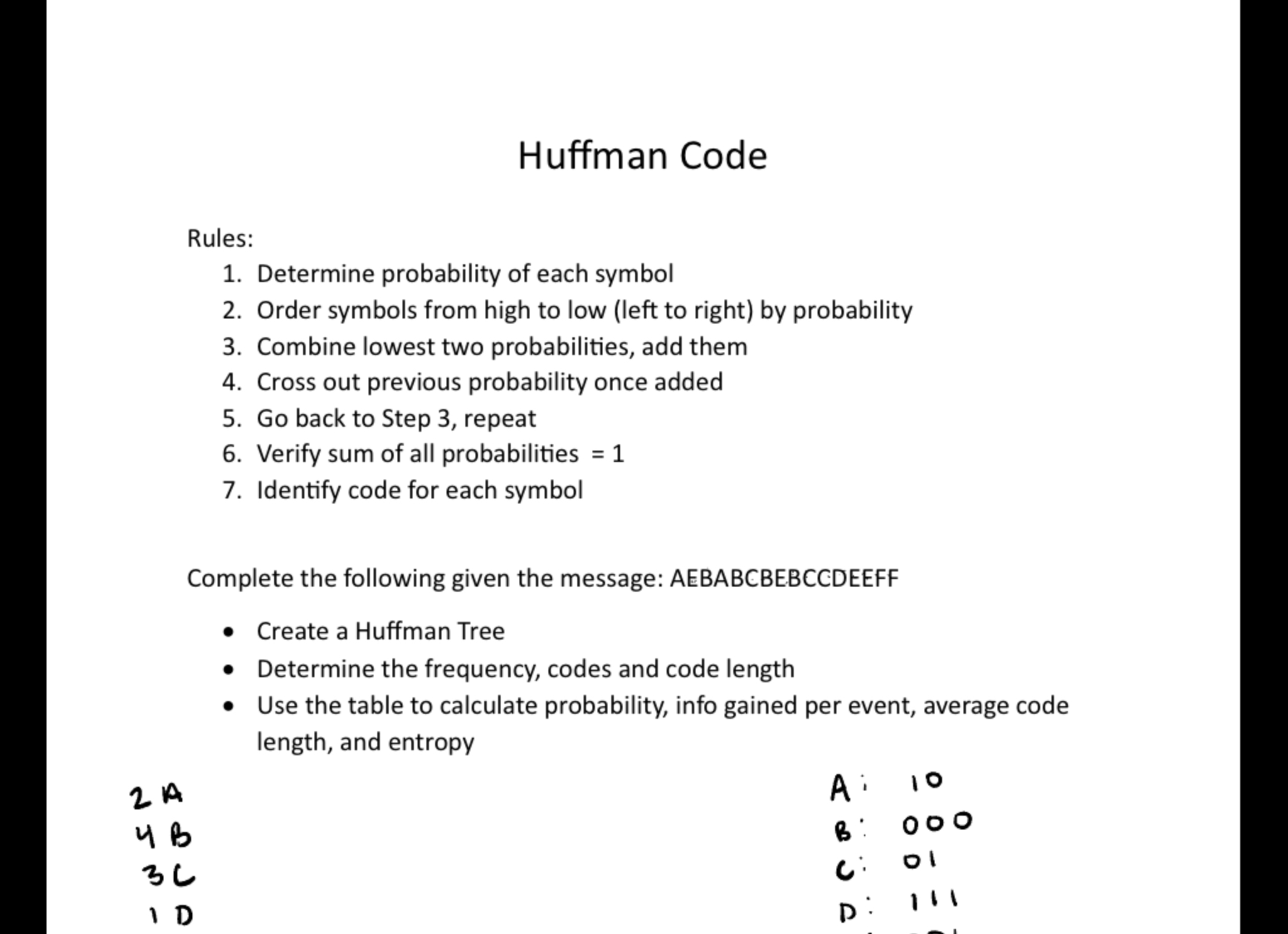 Huffman Code Rules: Determine probability of each