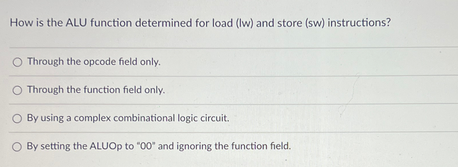 How is the ALU function determined for load ( Iw