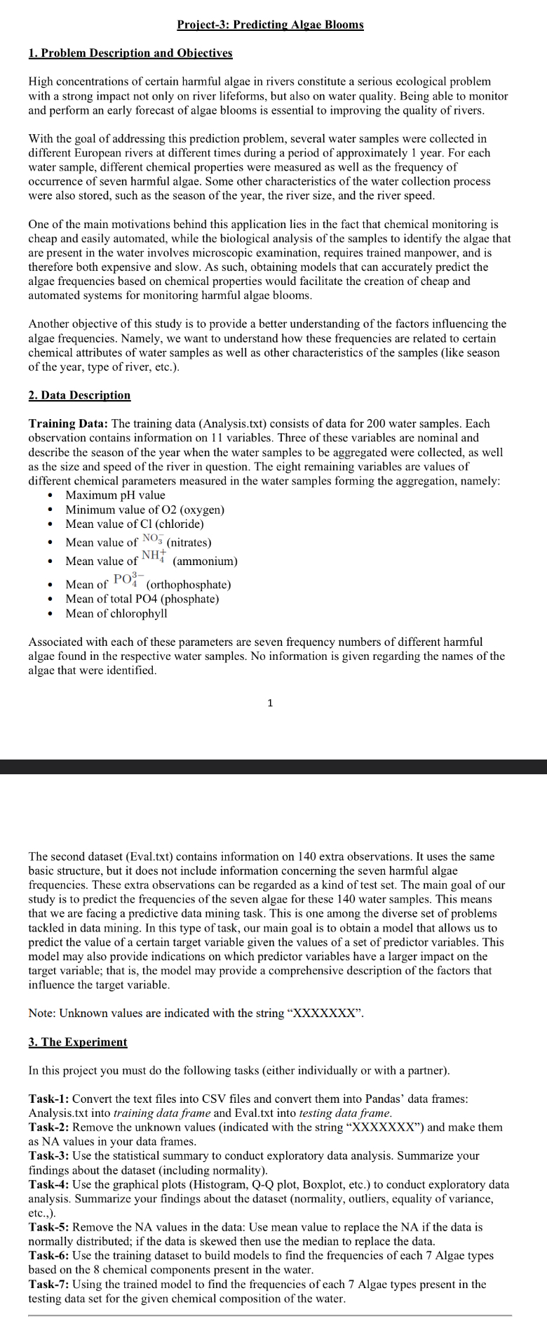 Project - 3 : Predicting Algae Blooms Problem