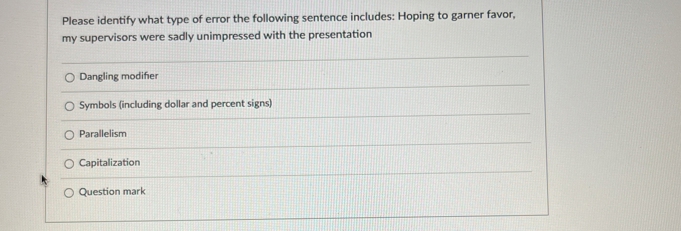 Please identify what type of error the following