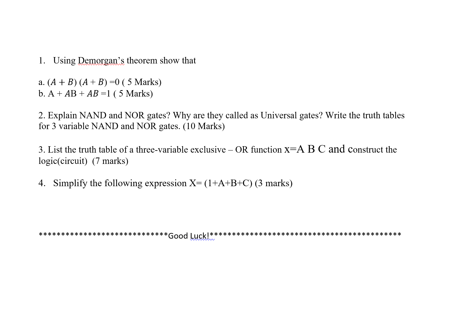 Using Demorgan's theorem show that a . Marks