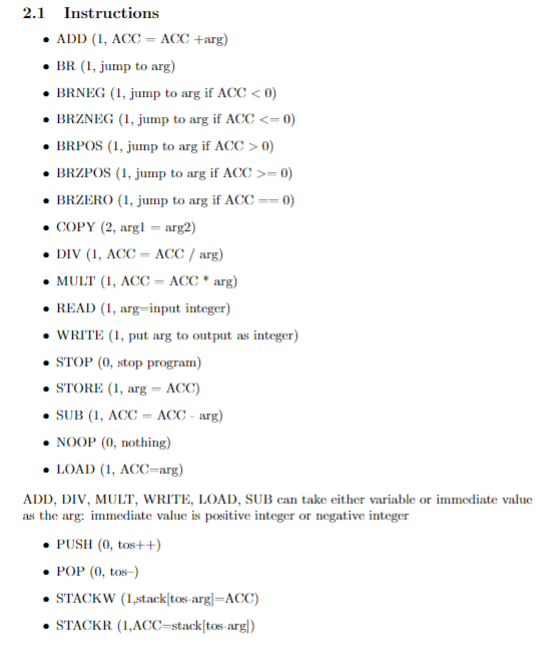 2 . 1 Instructions ADD ( 1 , ACC = ACC + arg ) BR