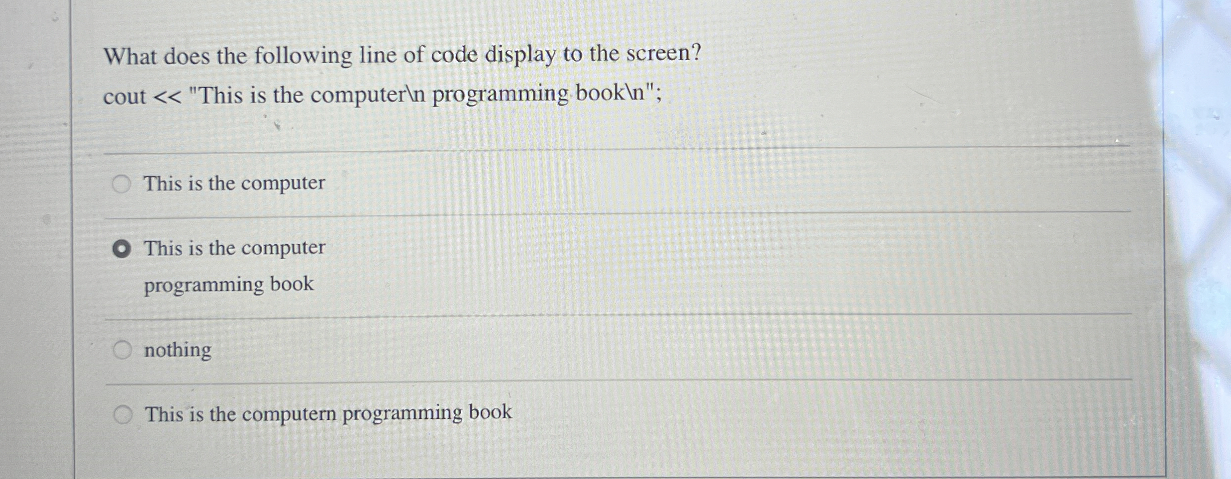 What does the following line of code display to