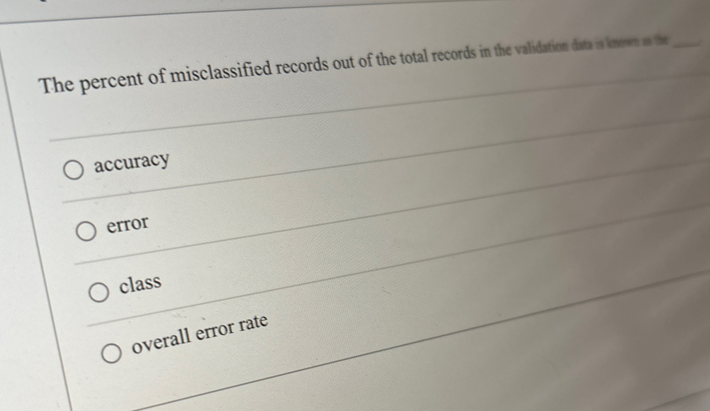 The percent of misclassified records out of the