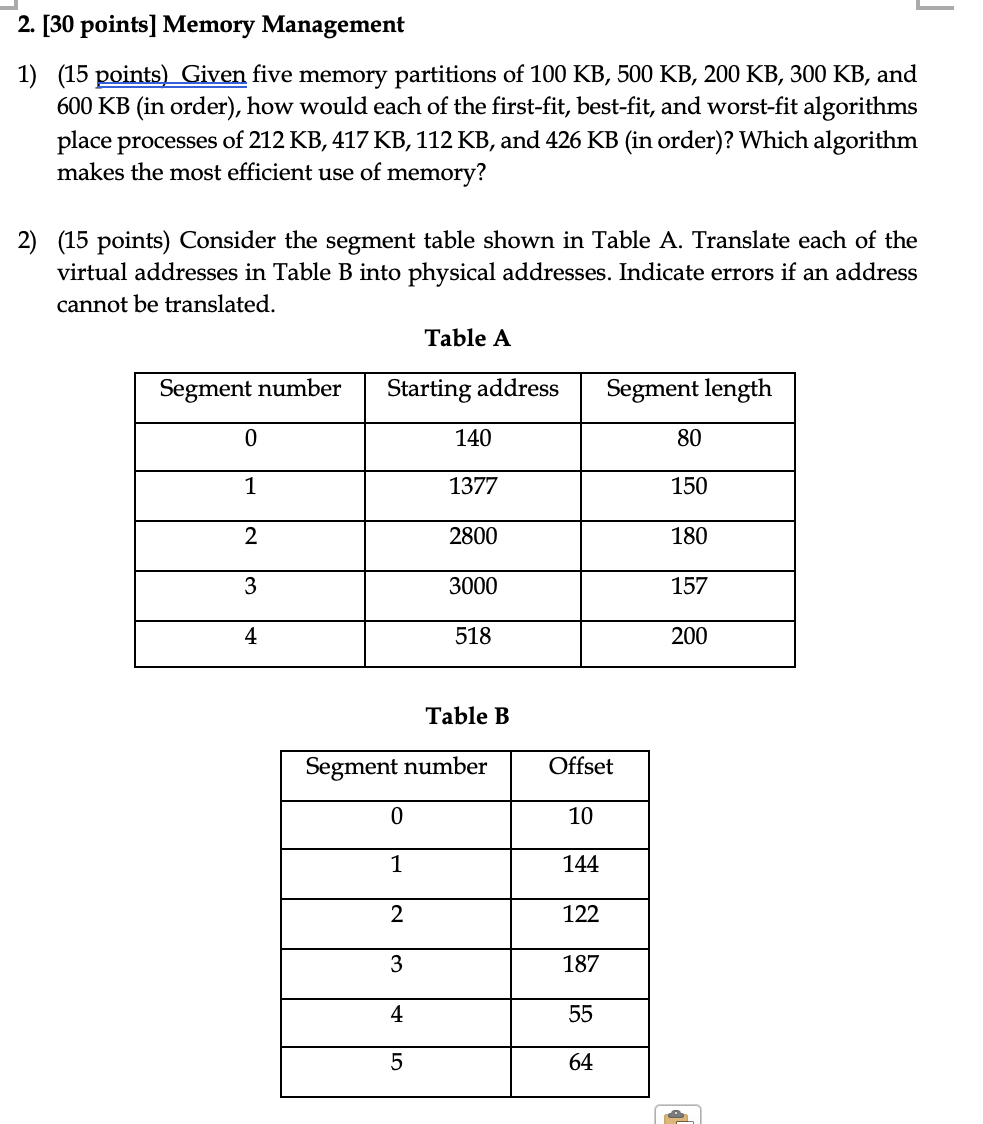 4 . [ 3 0 points ] Memory Management 1 ) ( 1 5