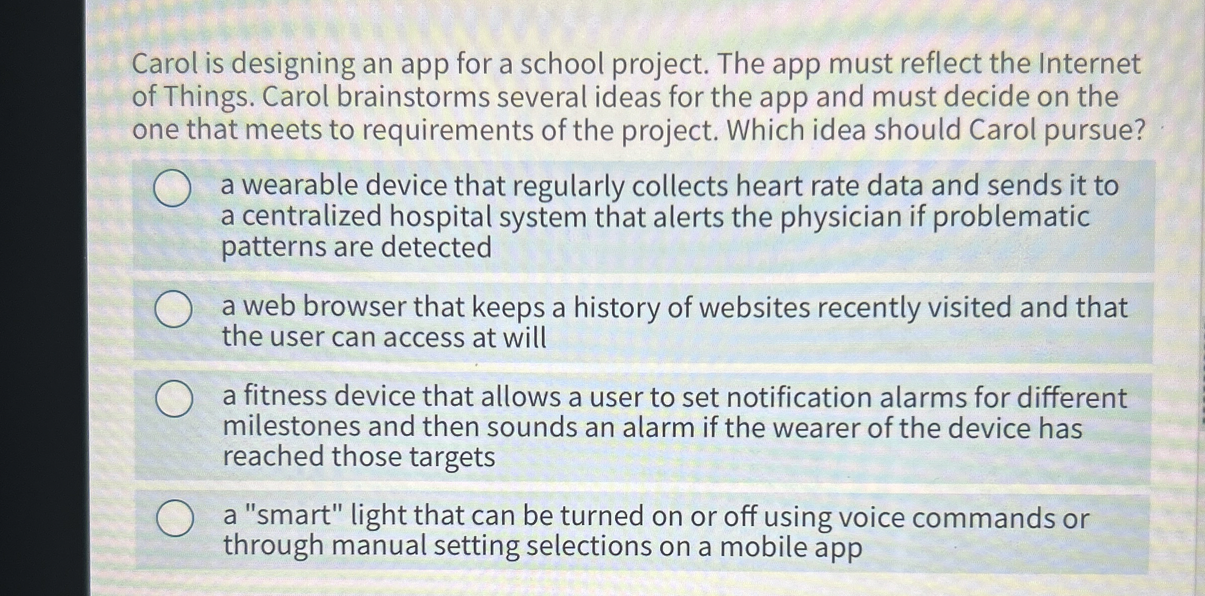 Carol is designing an app for a school project.