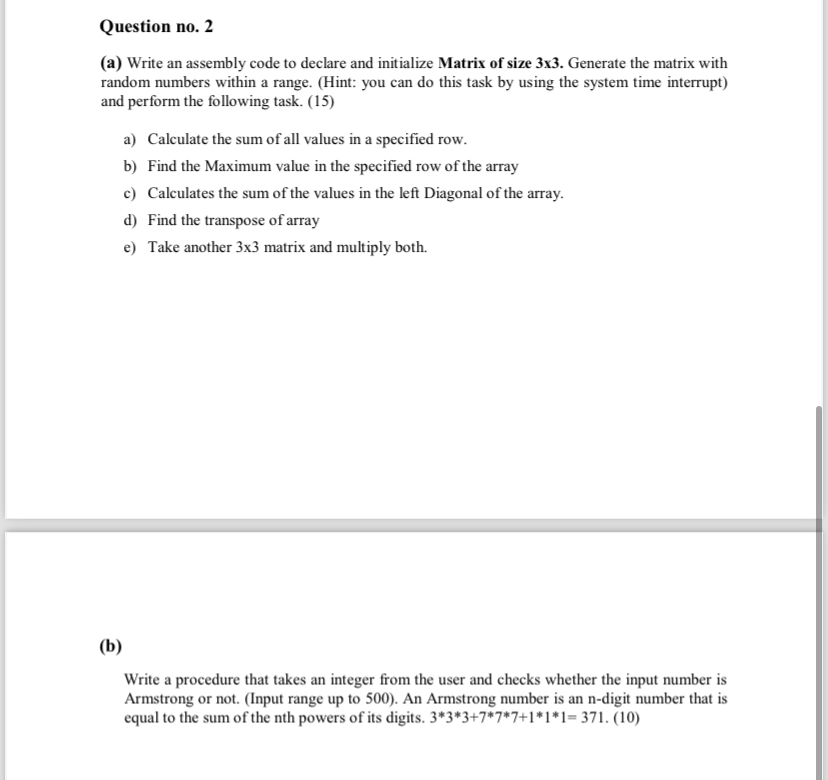 Question no . 2 ( a ) Write an assembly code to
