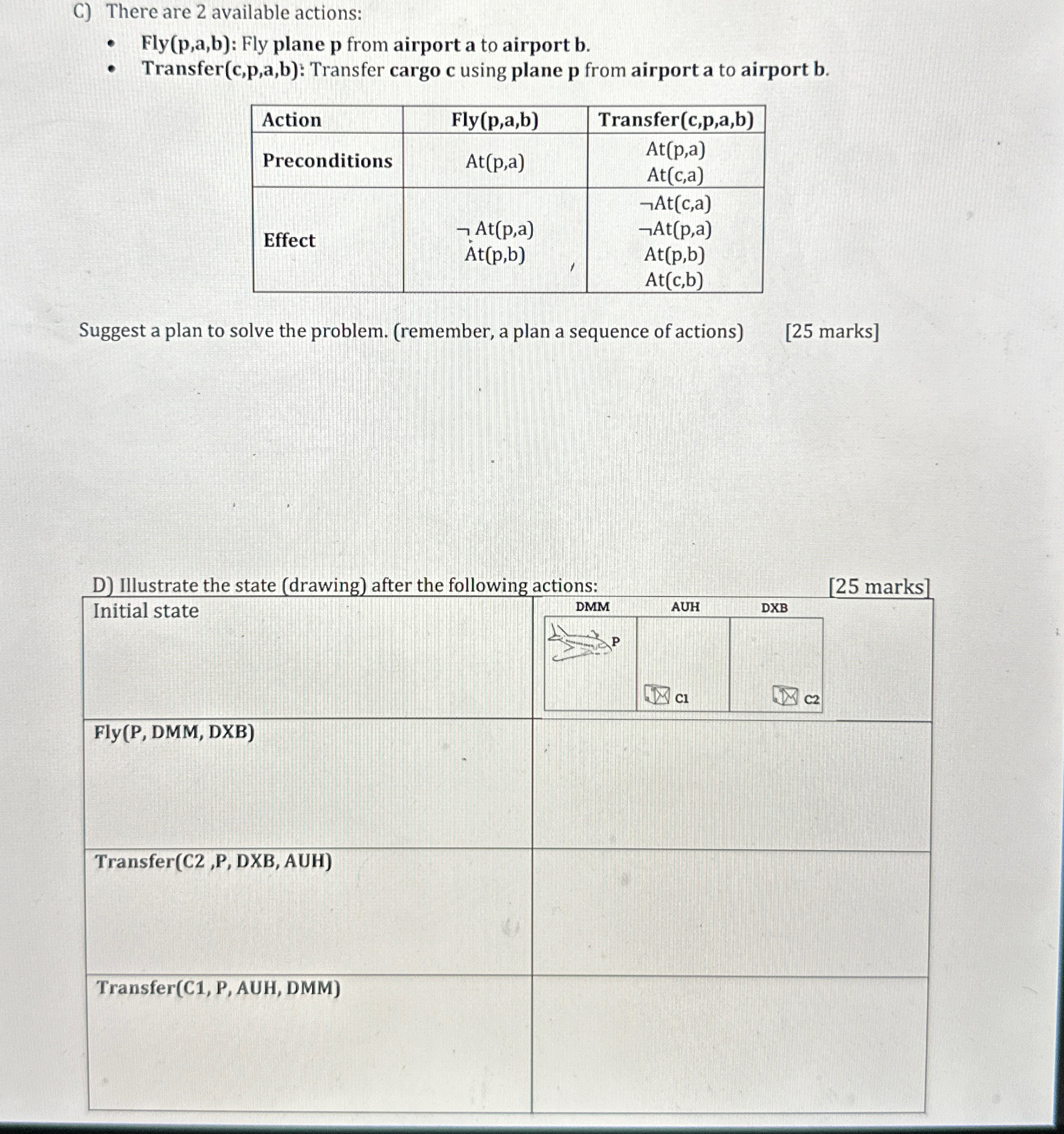 C ) There are 2 available actions: Fly ( p , a ,