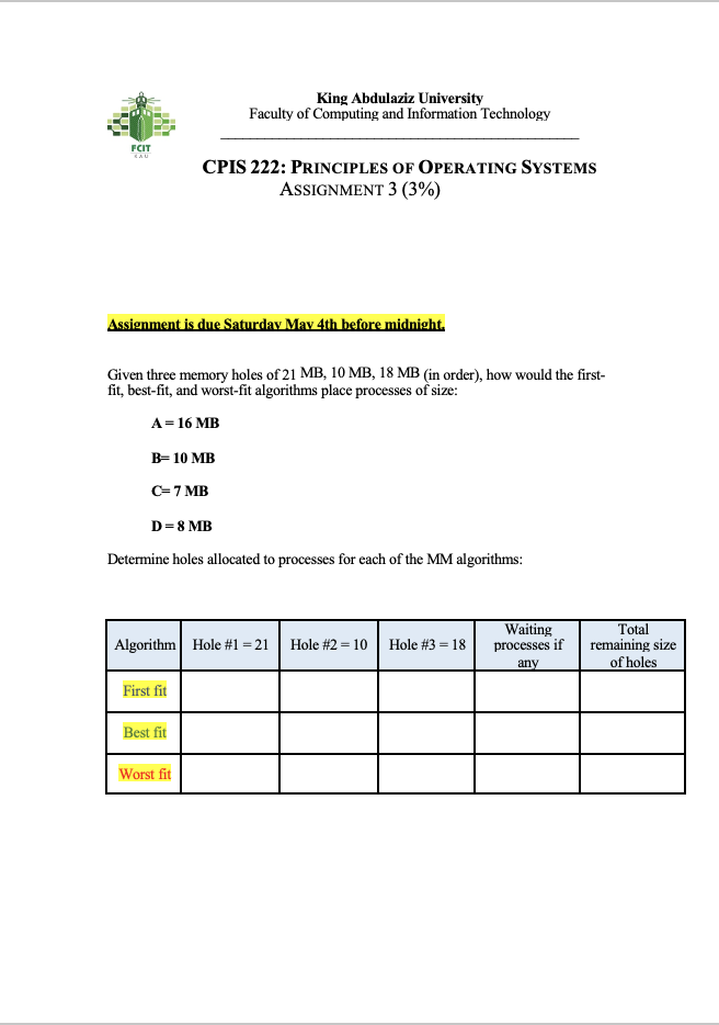 Assignment is due Saturday Mav 4 th before