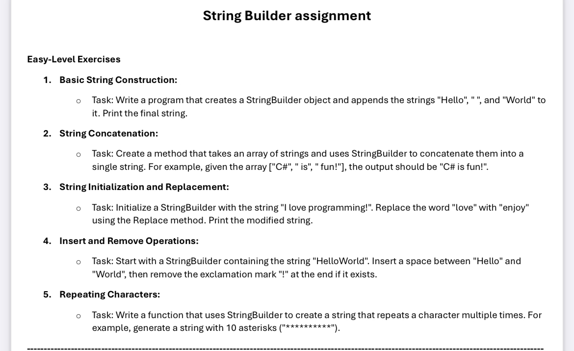 String Builder assignment Easy - Level Exercises