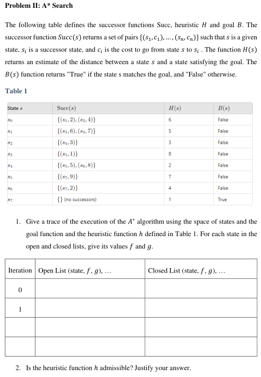 Problem II: A * Search The following table