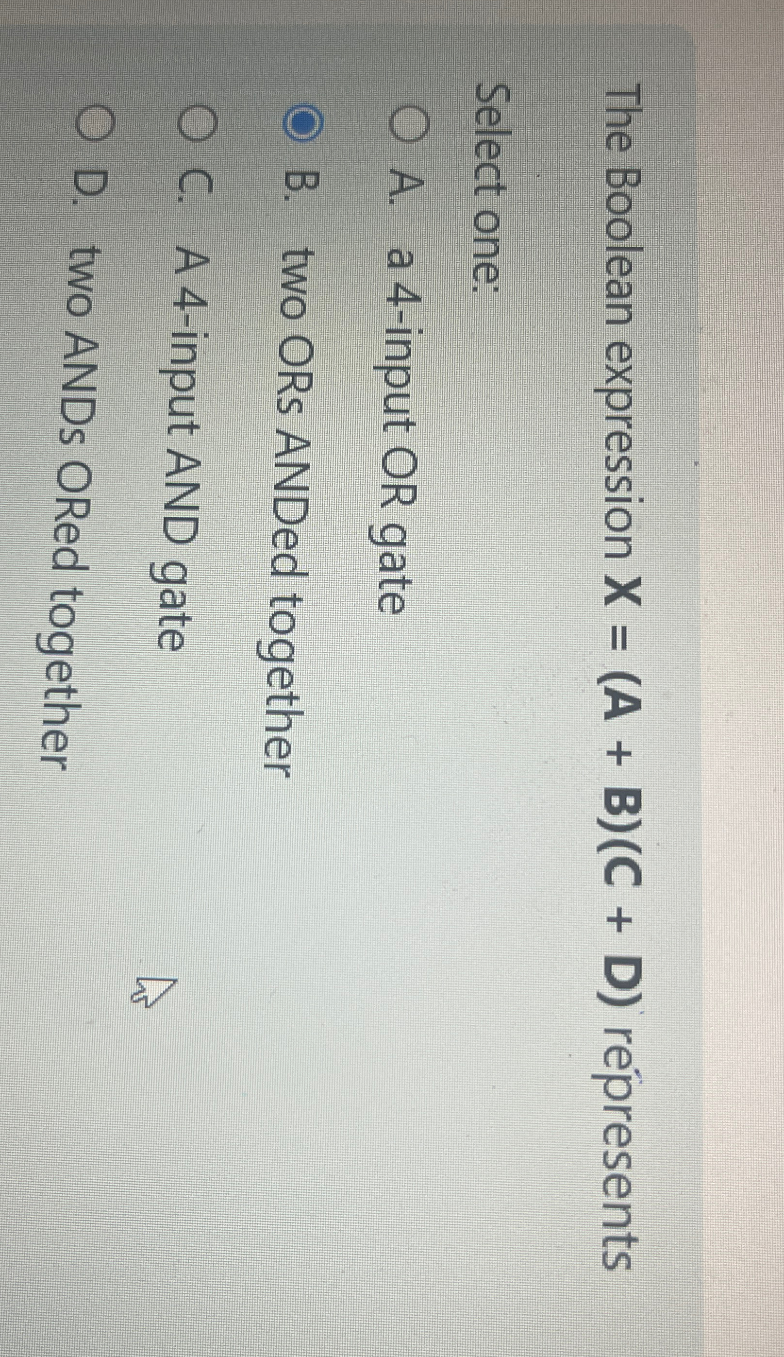The Boolean expression x = ( A + B ) ( C + D )