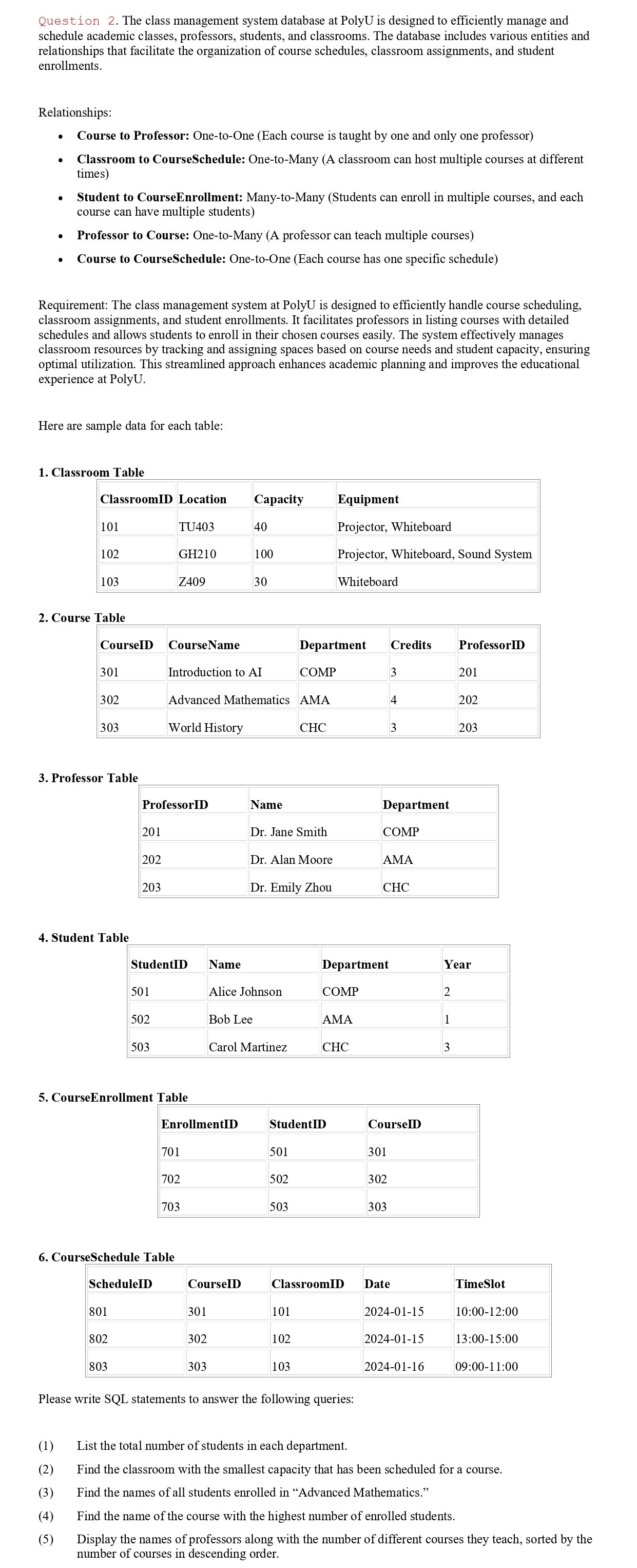 Question 2 . The class management system database