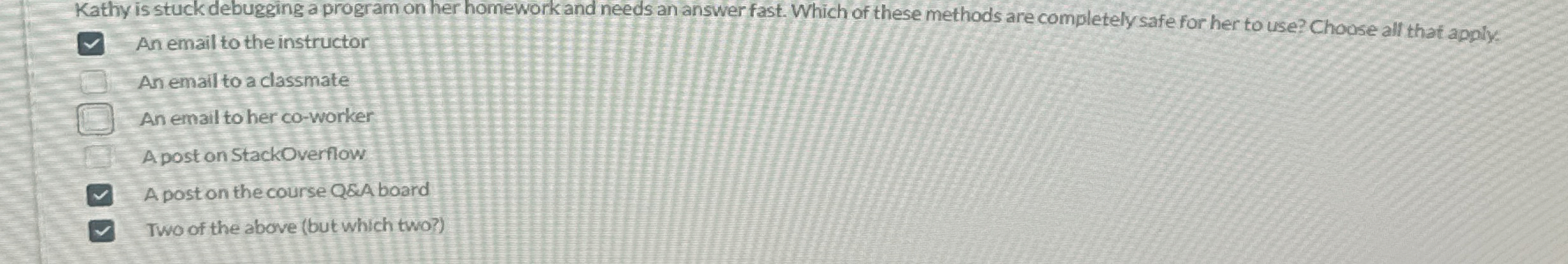 Kathy is stuck debugging a program on her