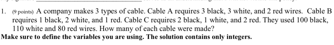 A company makes 3 types of cable. Cable A