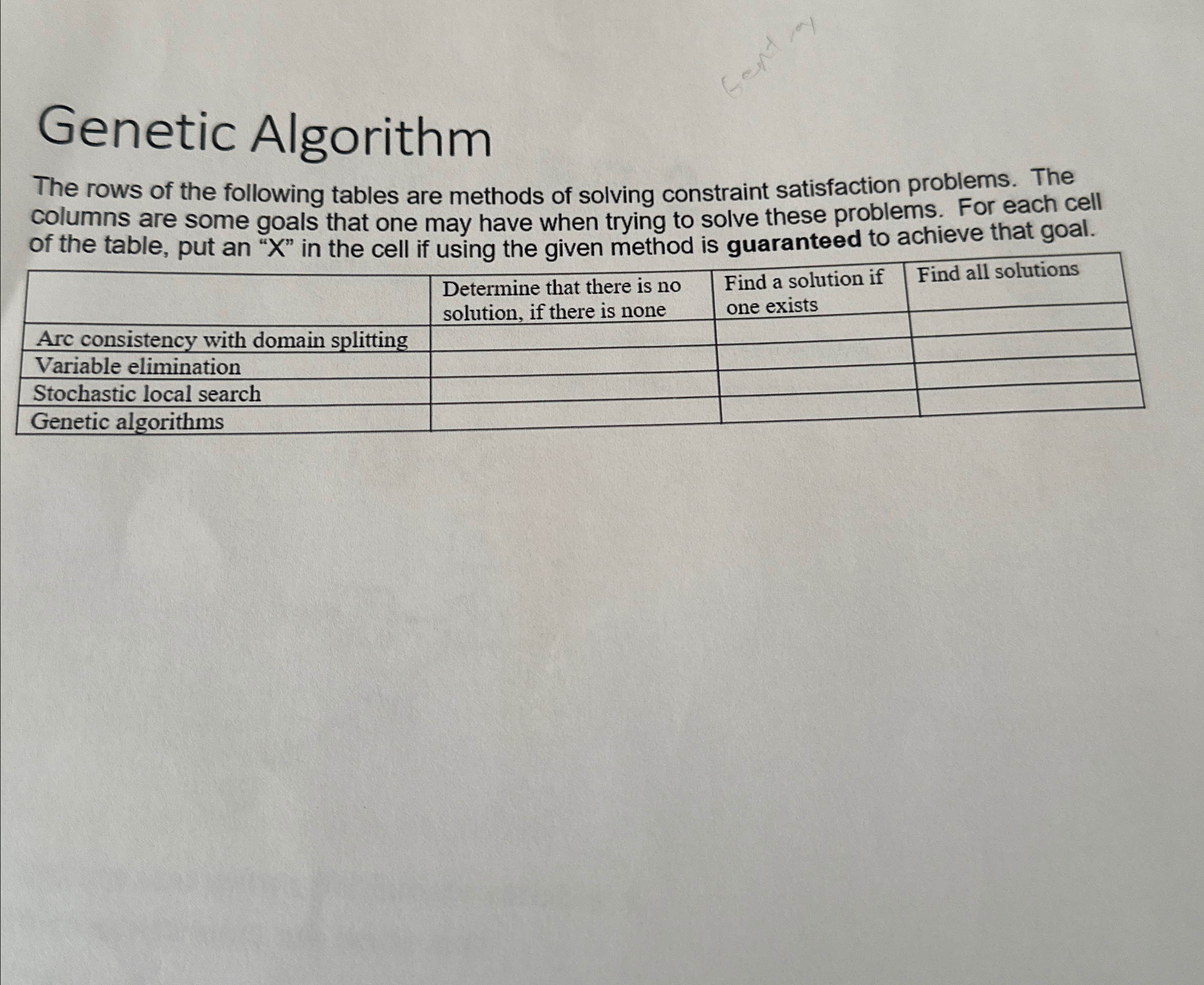 Genetic Algorithm The rows of the following
