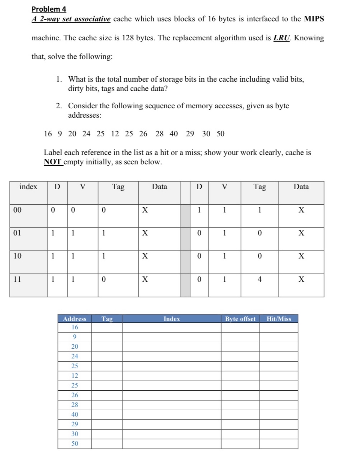 Problem 4 A 2 - way set associative cache which