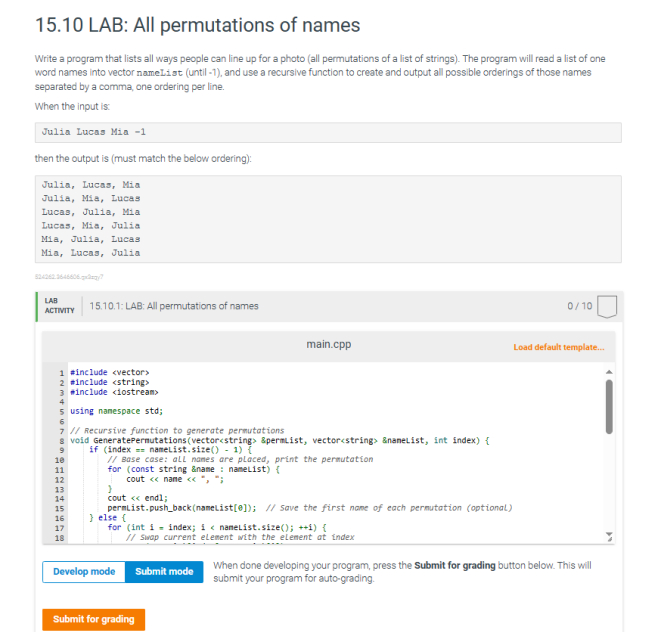 1 5 . 1 0 LAB: All permutations of names Write a