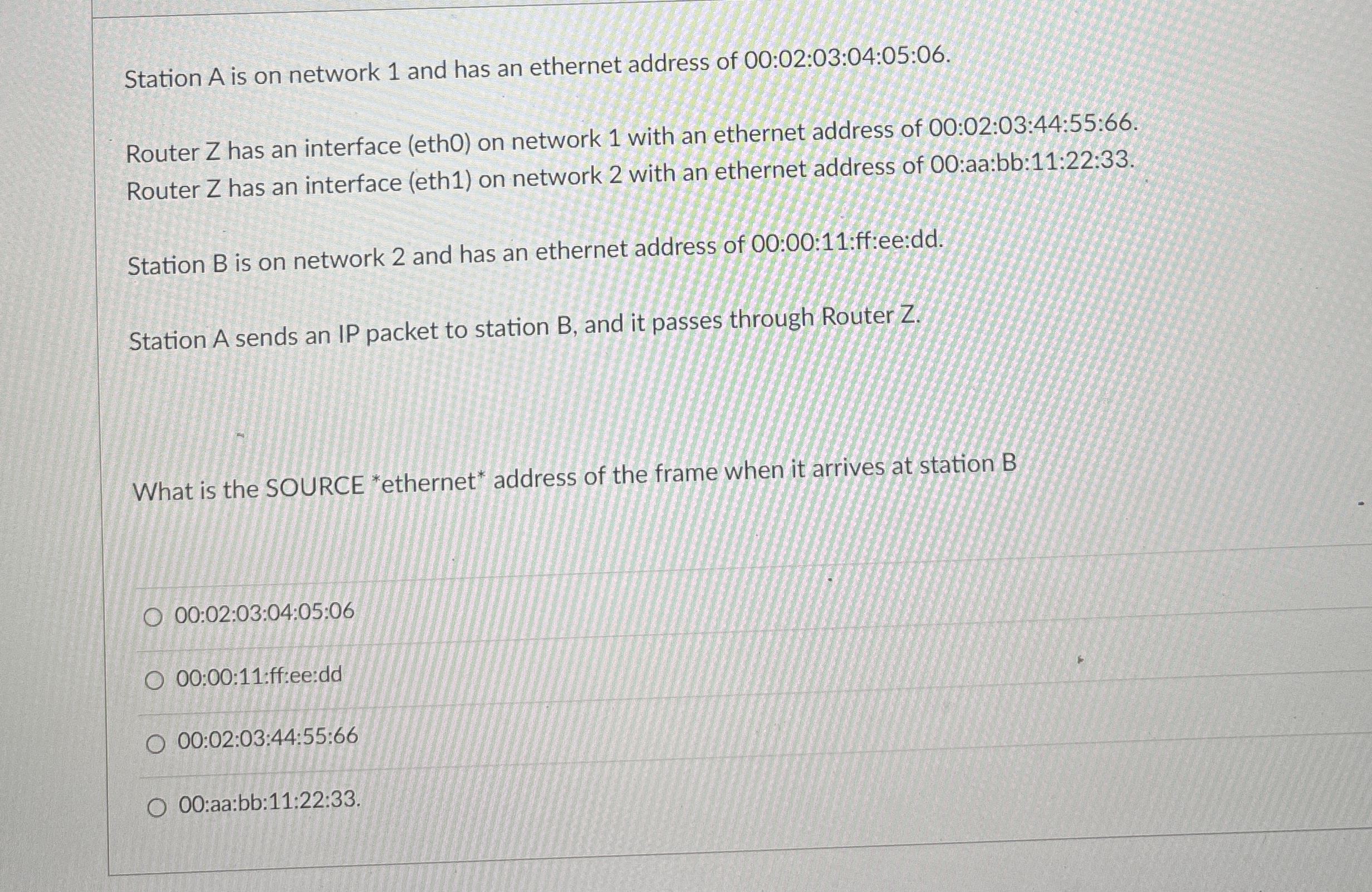 Station A is on network 1 and has an ethernet