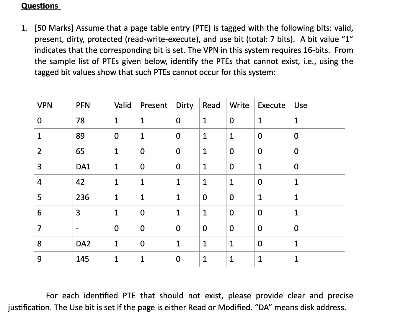 Questions [ 5 0 Marks ] Assume that a page table