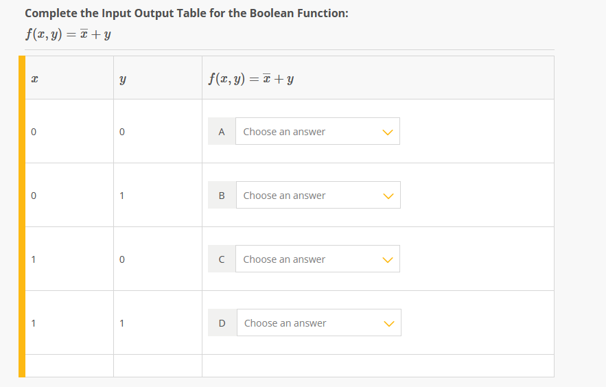 Complete the Input Output Table for the Boolean