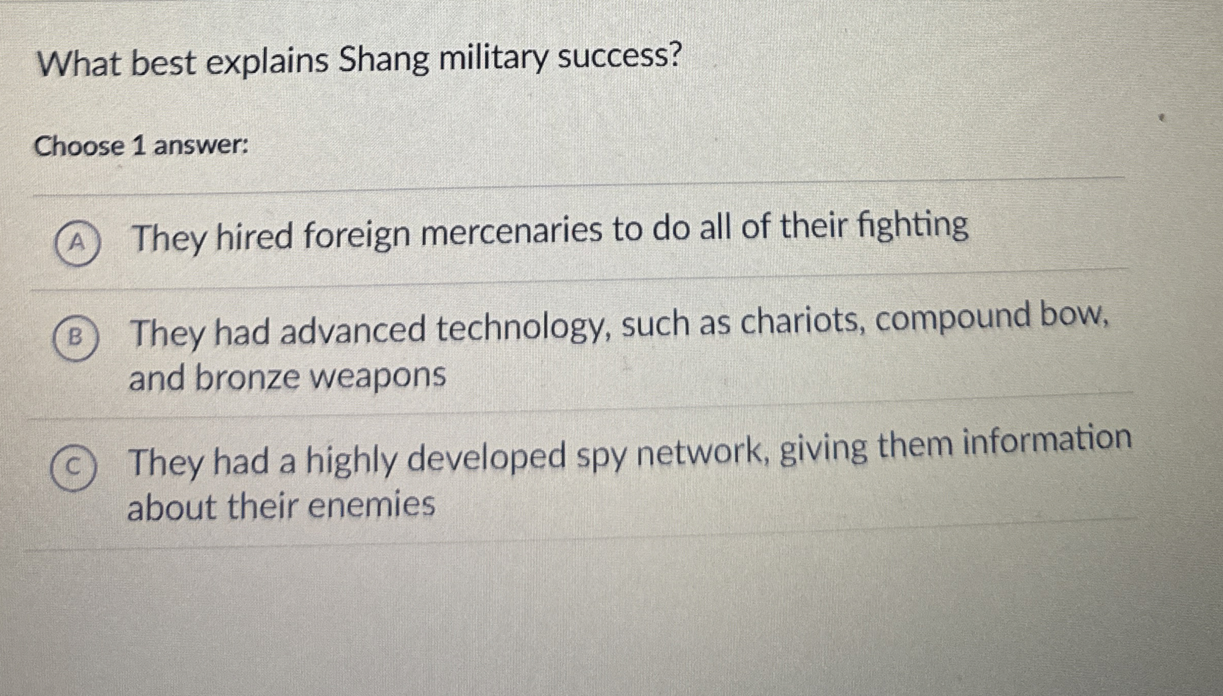 What best explains Shang military success? Choose