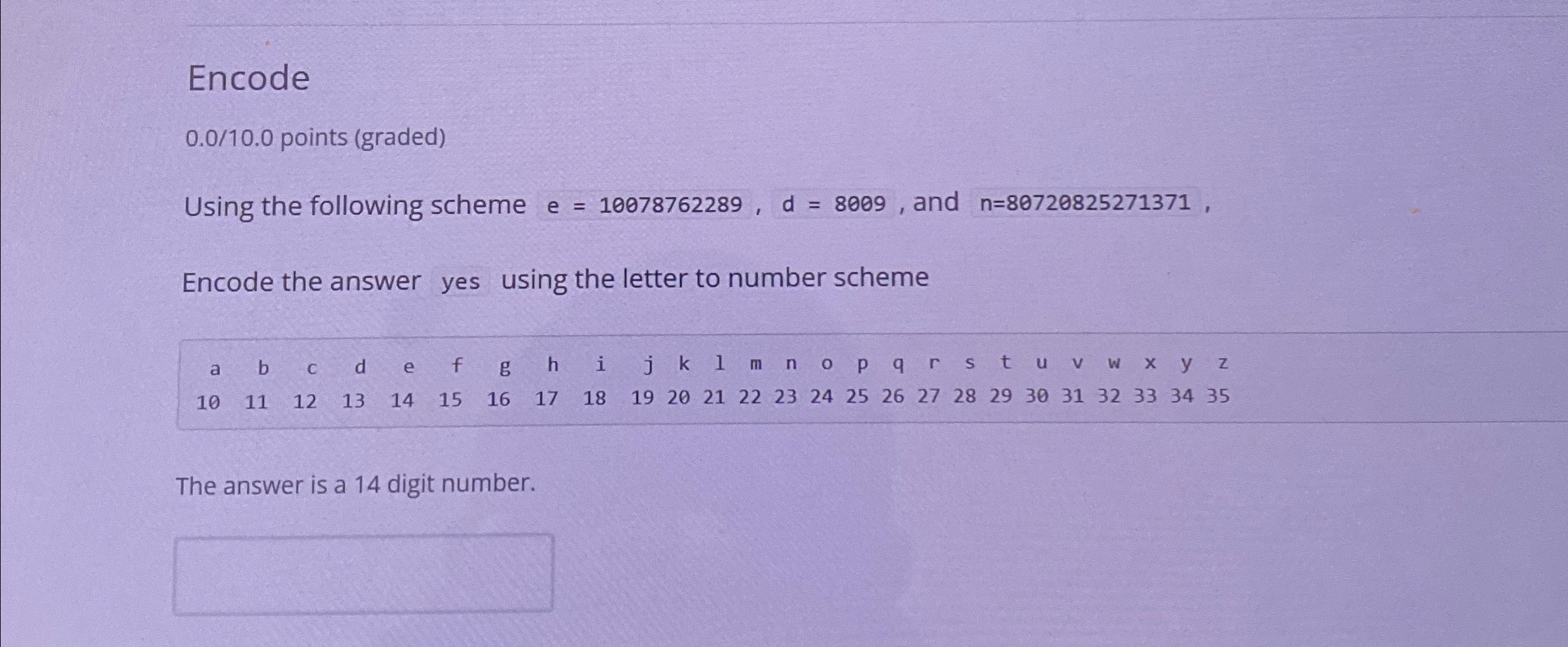 Encode 0 . 0 1 0 . 0 points ( graded ) Using the