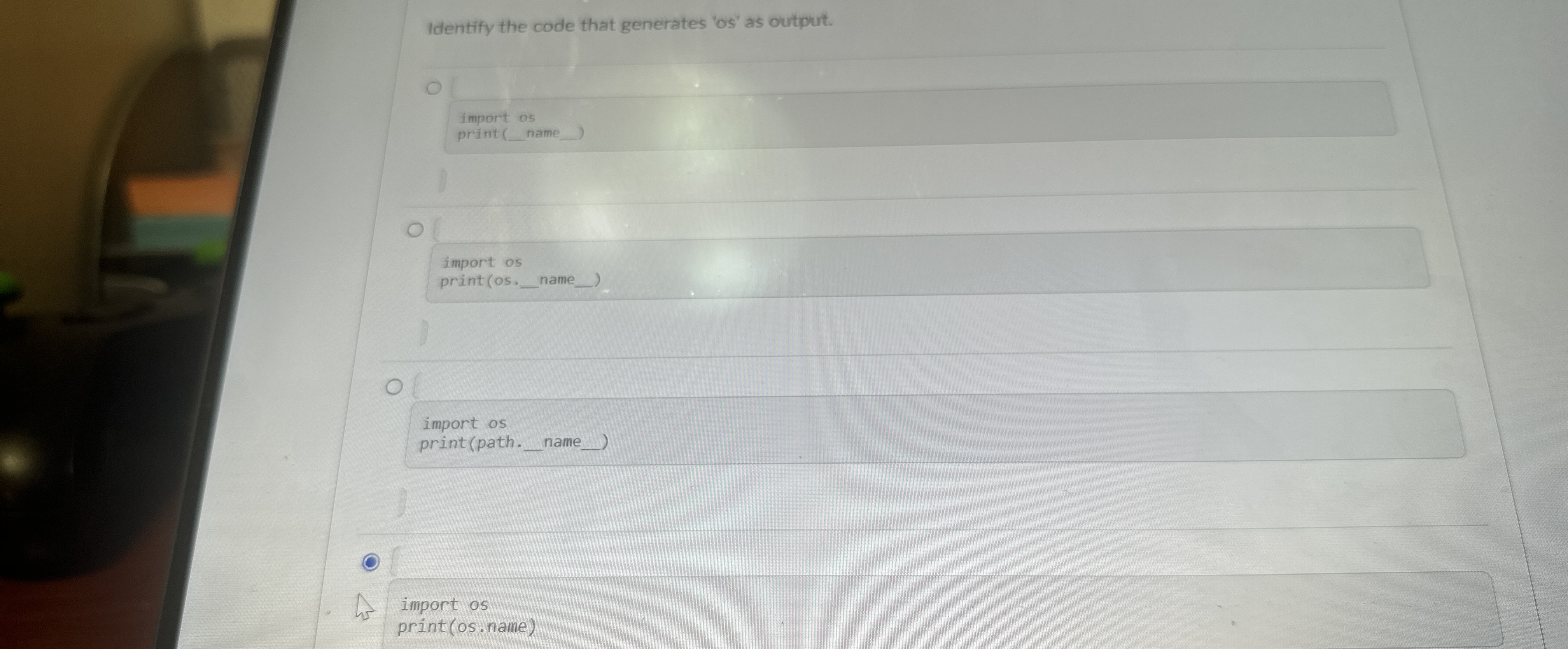 Identify the code that generates ' os ' as
