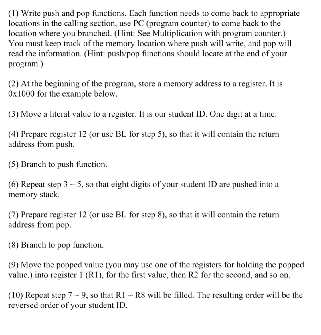 Use ARM Assembly Code to write Write push and pop