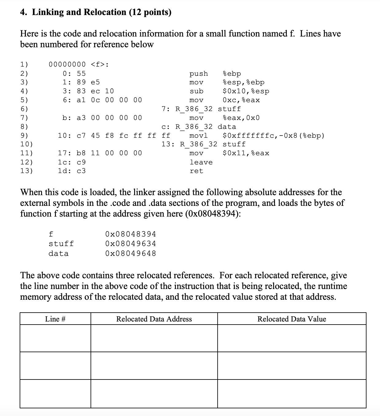 Linking and Relocation ( 1 2 points ) Here is the