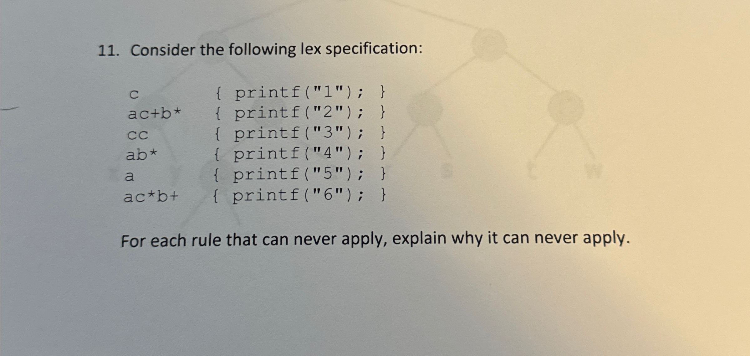 Consider the following lex specification: \ table