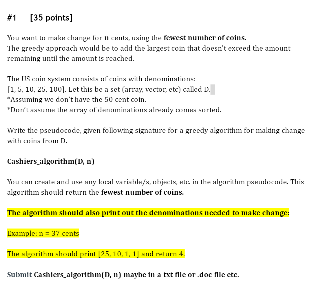 You want to make change for n cents, using the