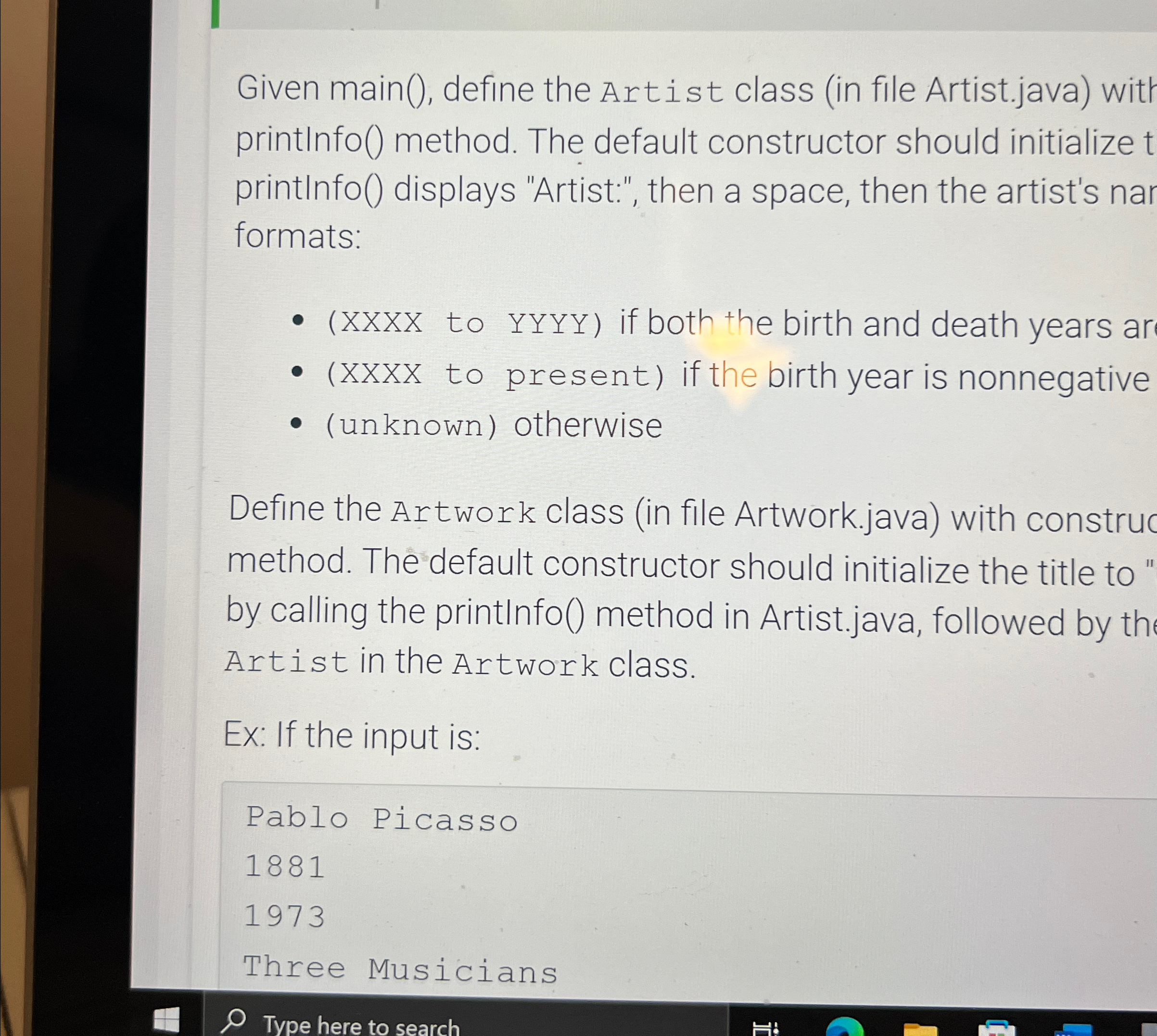 Given main ( ) , define the Artist class ( in