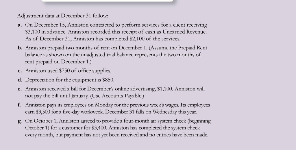 Question 1. Adjustment data at December 31