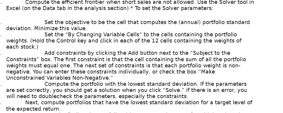 Compute the efcient frontier when short sales are