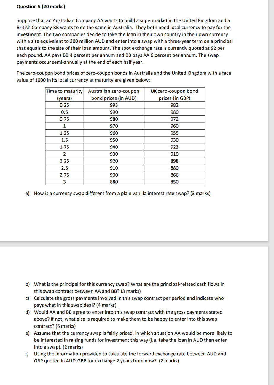 Question 5 {20 marks} Suppose that an Australian