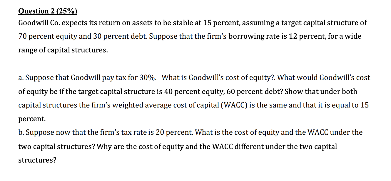 Question 2125%1 Goodwill Co. expects its return