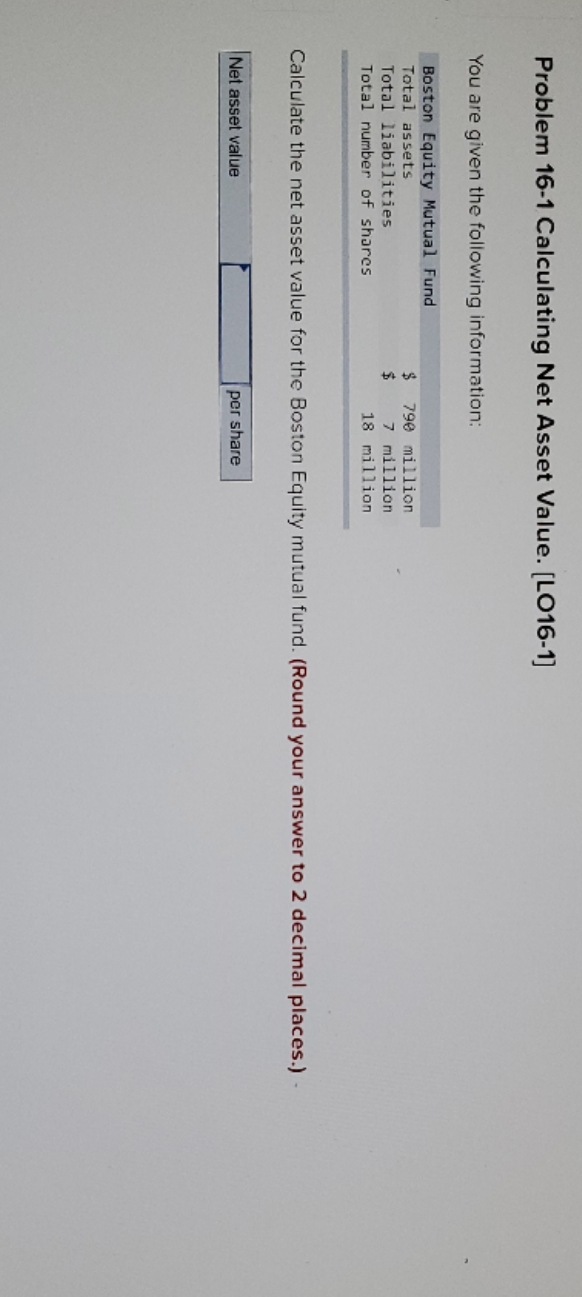 Need to solve Problem 16-1 Calculating Net Asset