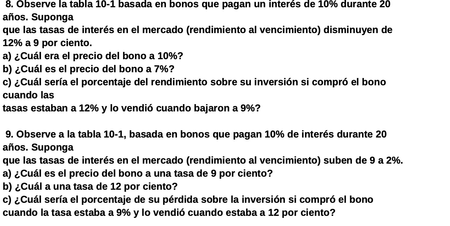 8. Observe la tabla 10-1 basada en bonos que