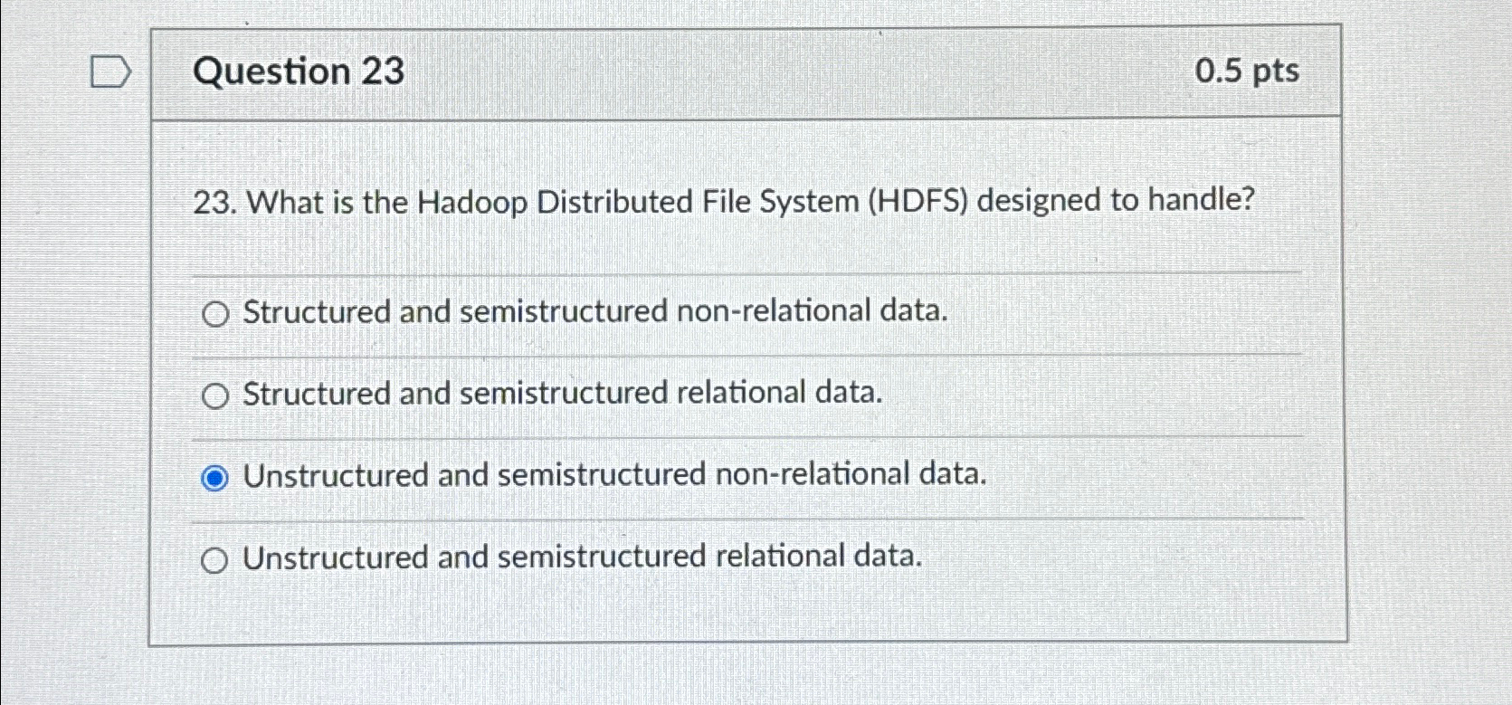 Question 2 3 0 . 5 p t s 2 3 . What is the Hadoop