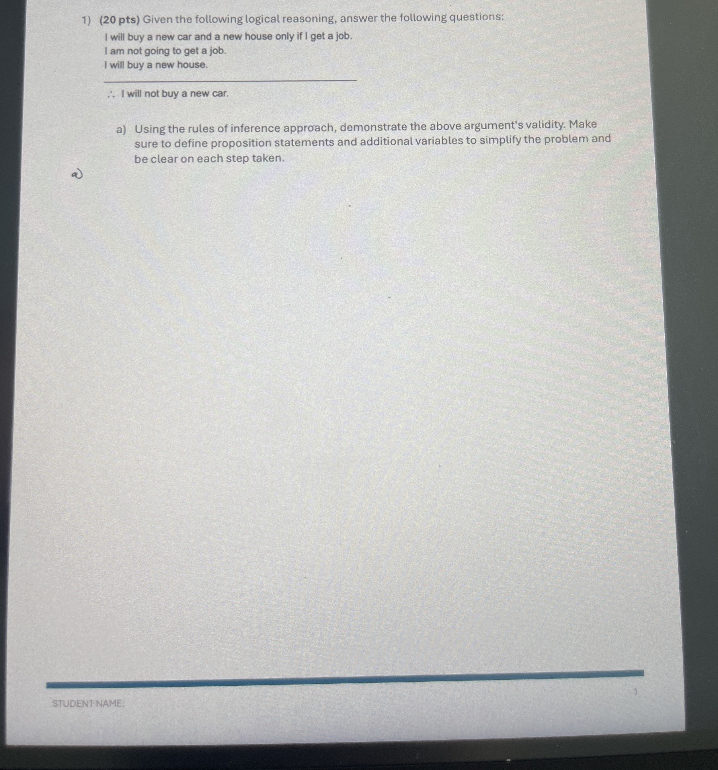 ( 2 0 pts ) Given the following logical