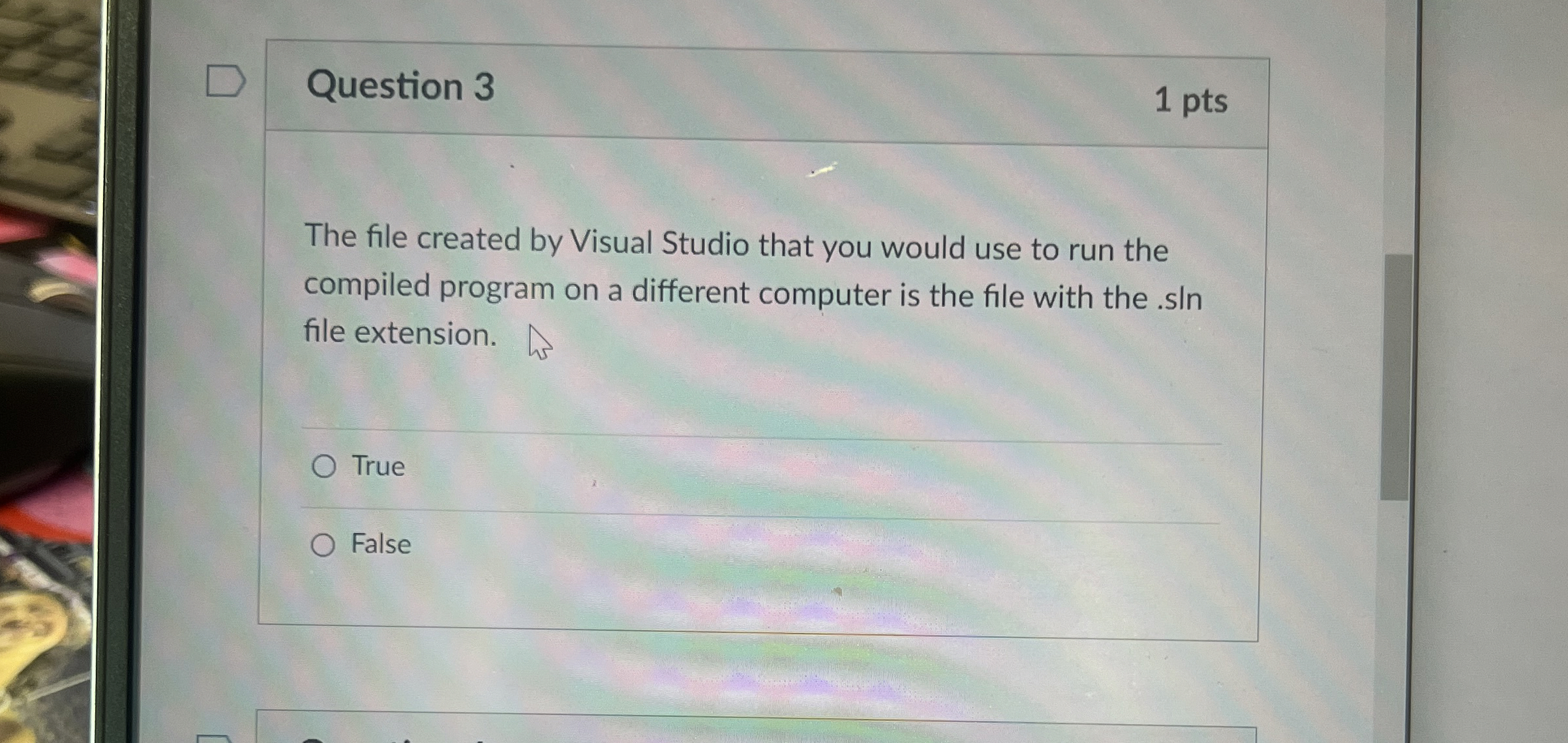 Question 3 1 pts The file created by Visual