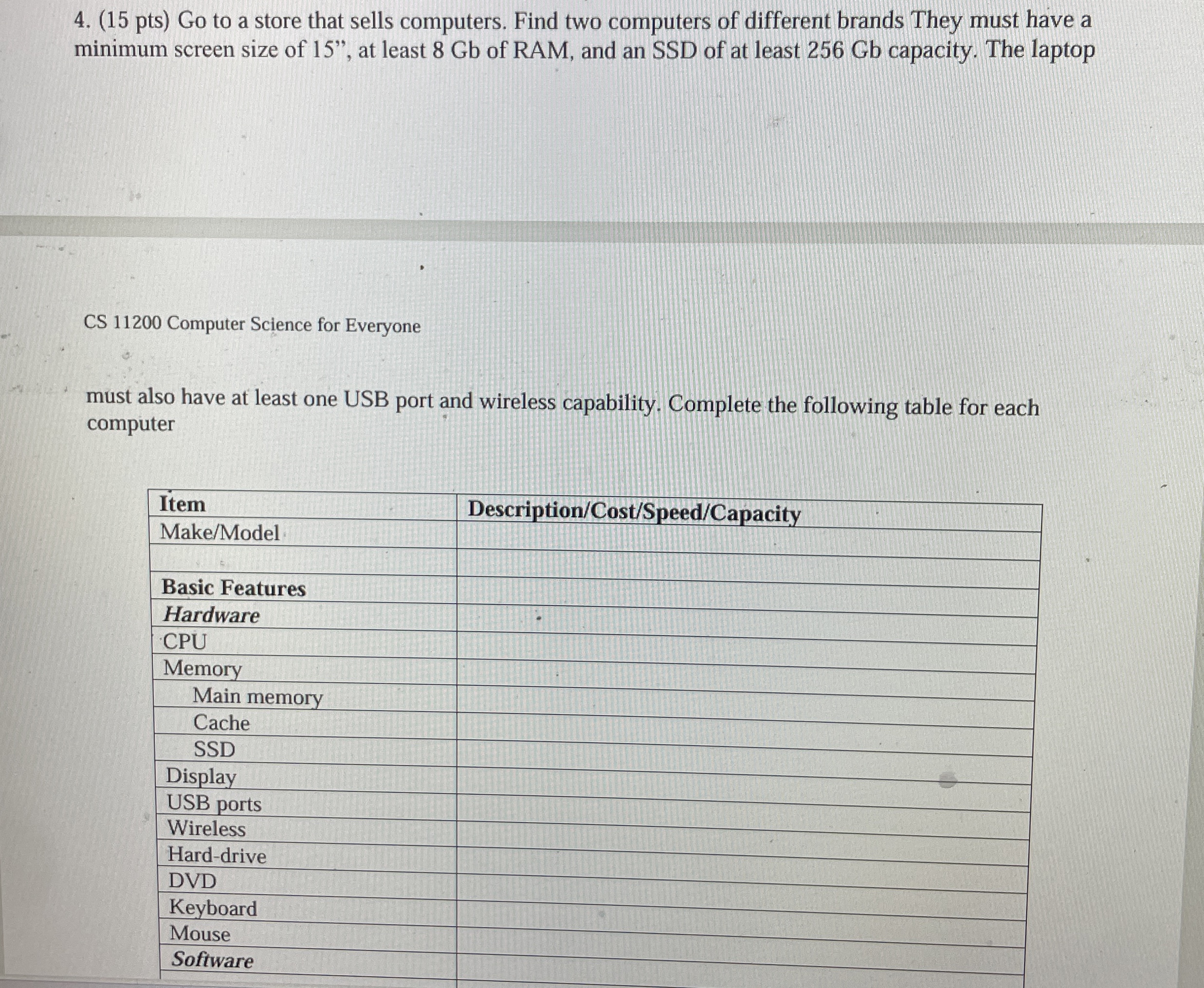 ( 1 5 pts ) Go to a store that sells computers.