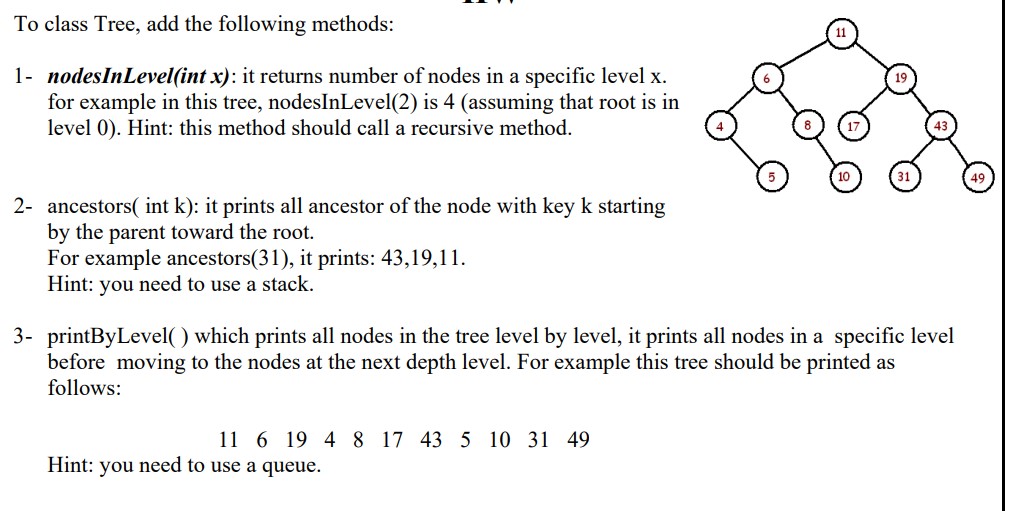 To class Tree, add the following methods: 1 -