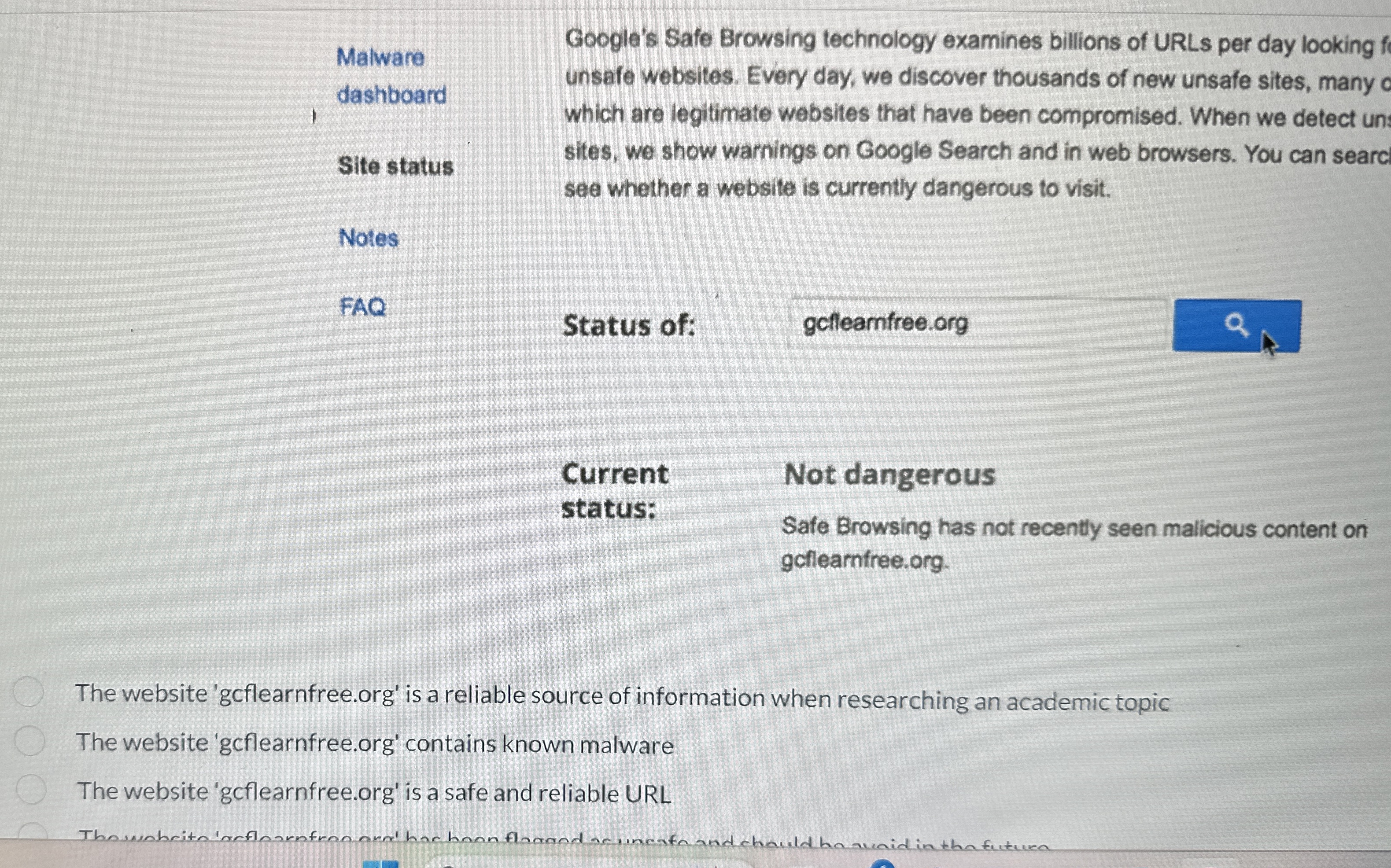 Malware dashboard 1 Site status Google's Safe