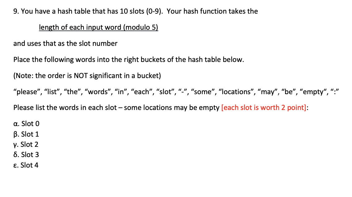 You have a hash table that has 1 0 slots ( 0 - 9