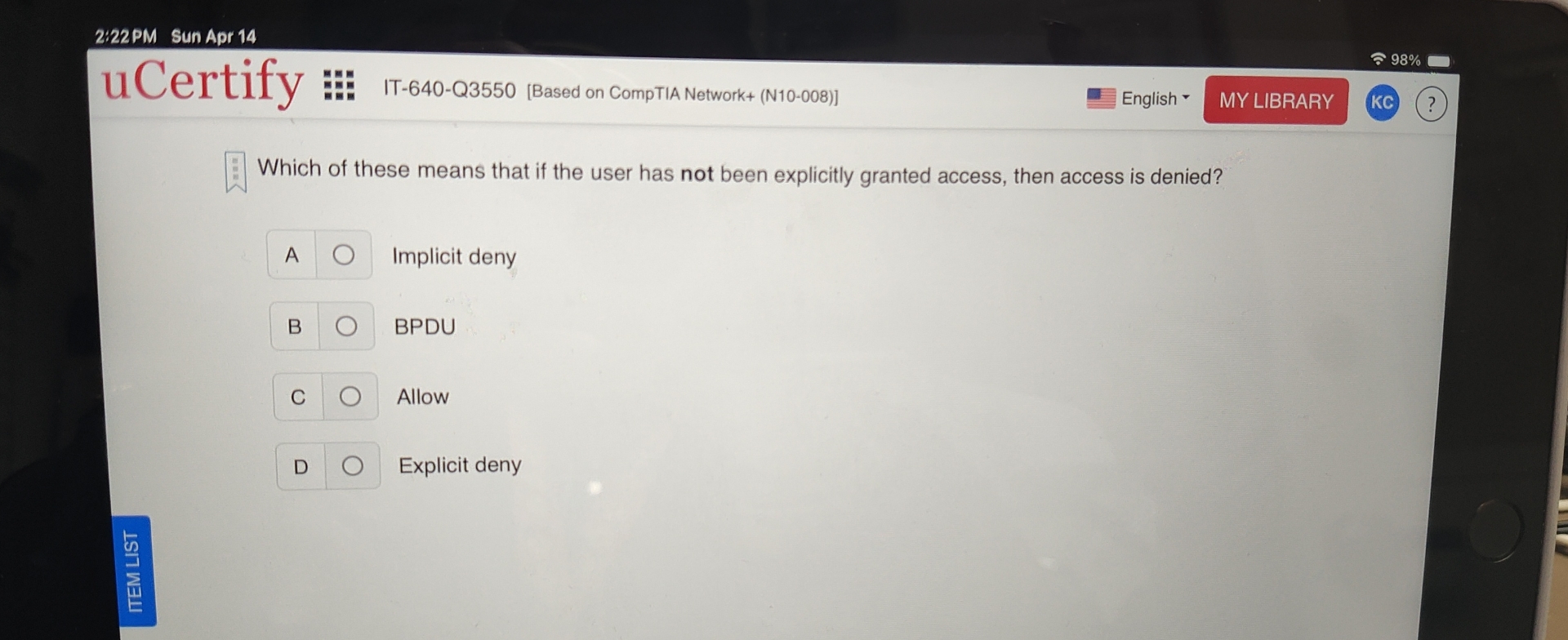 2 : 2 2 PM Sun Apr 1 4 uCertify IT - 6 4 0 - Q 3
