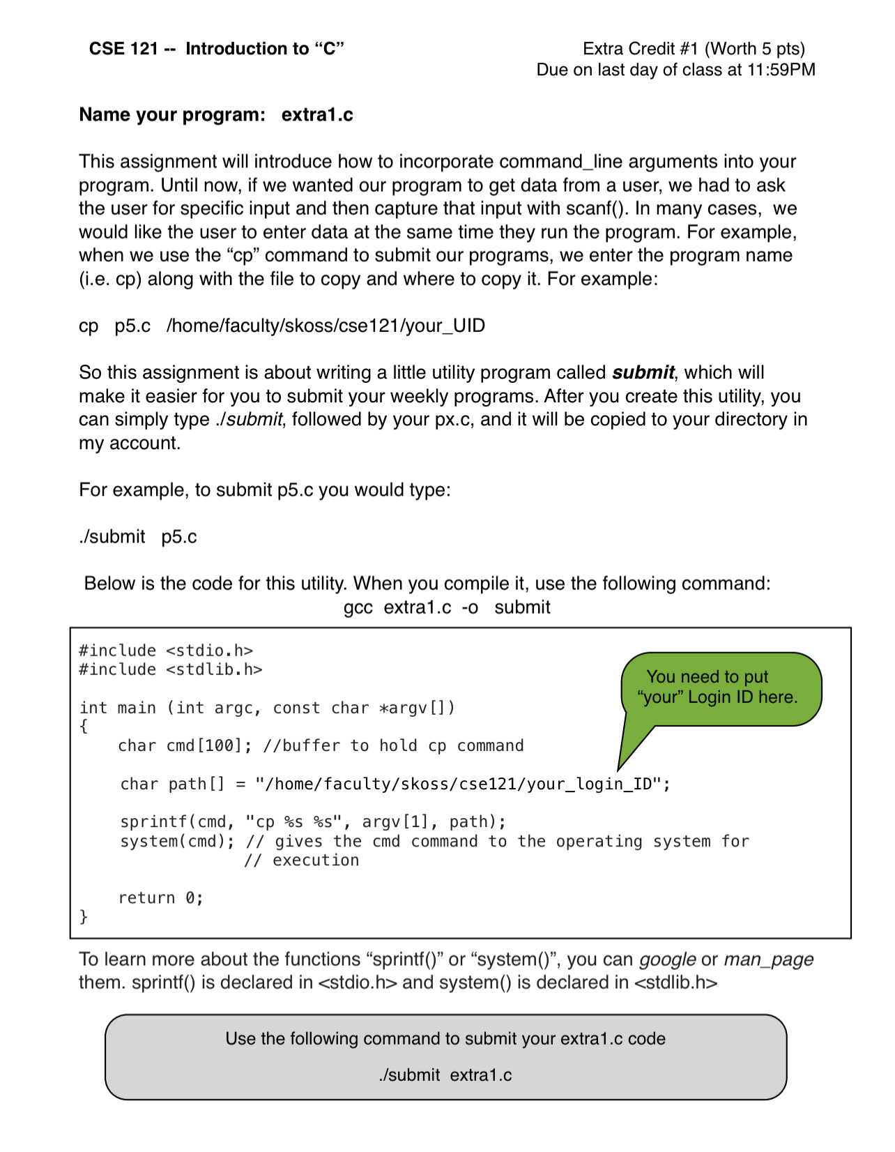 CSE 1 2 1 - - Introduction to " C " Extra Credit