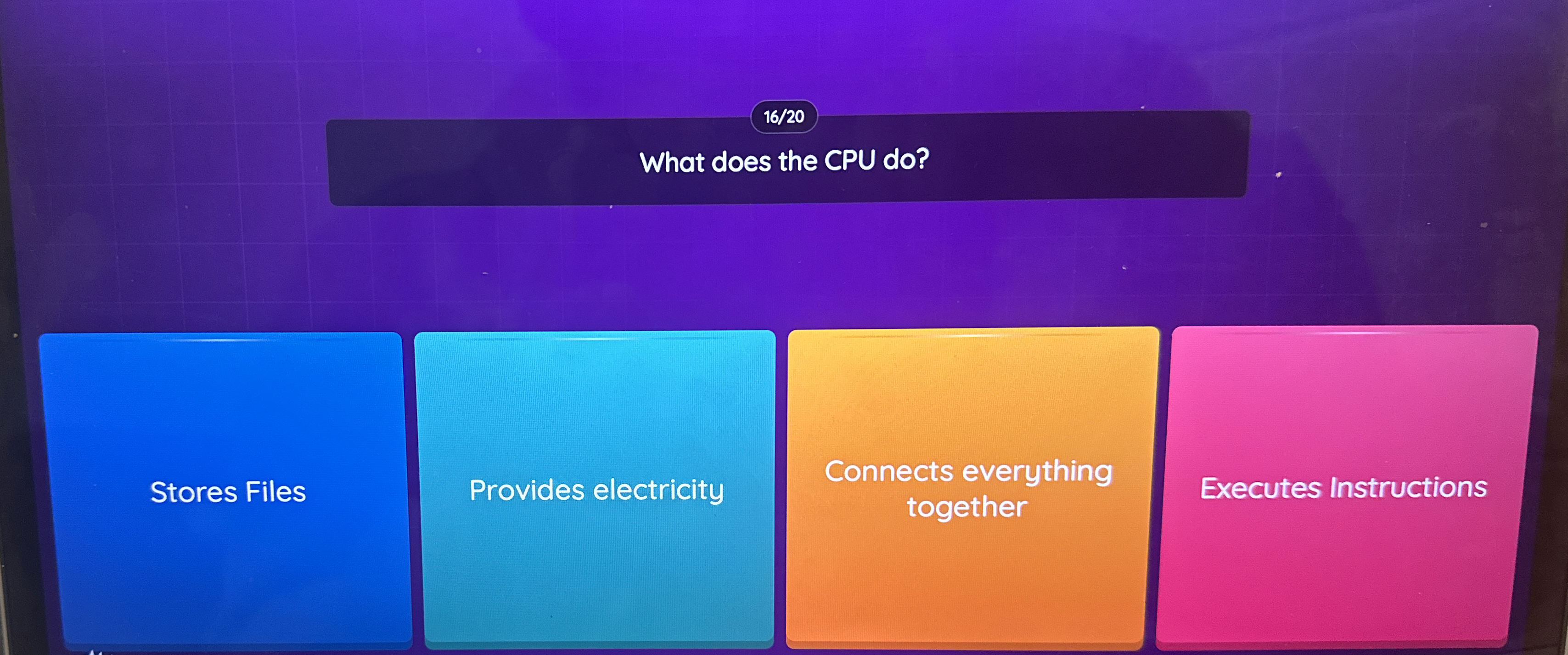 1 6 2 0 What does the CPU do ? Stores Files